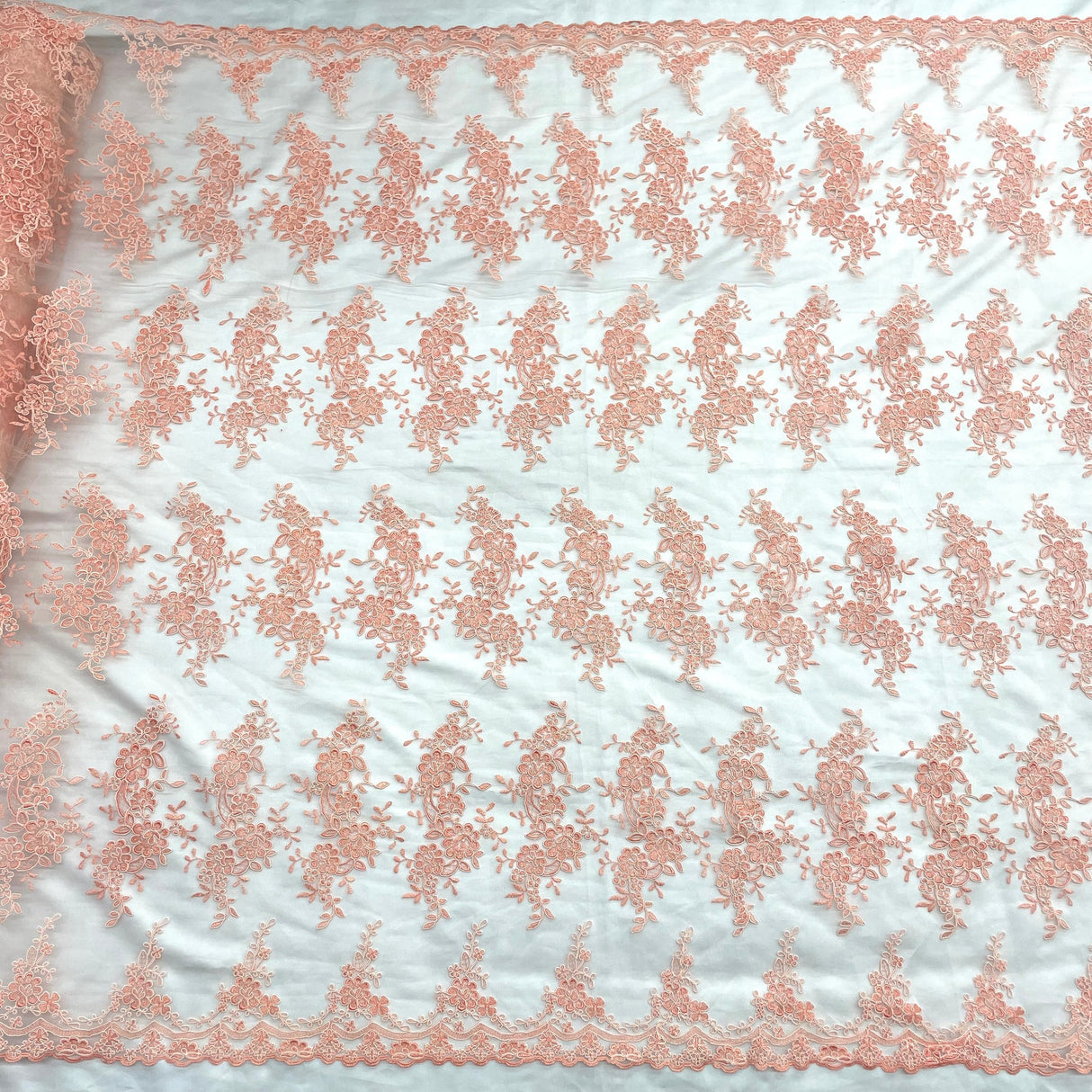 1 Yard Peach Corded Bridal Lace Fabric Embroidered Polyester Net Mesh 54 Inch Width