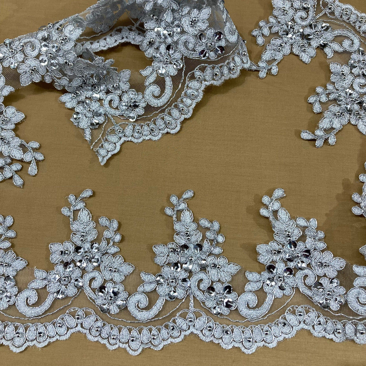 1 Yard Beaded & Corded Embroidered Lace Trim 4.5" Wide 100% Polyester Net Mesh for Bridal & Special Occasion