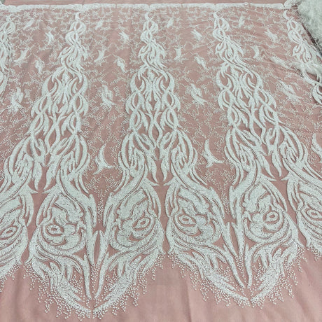 1 Yard Opulent Beaded & Corded Bridal Lace Embroidered on Polyester Net Mesh 58" Wide