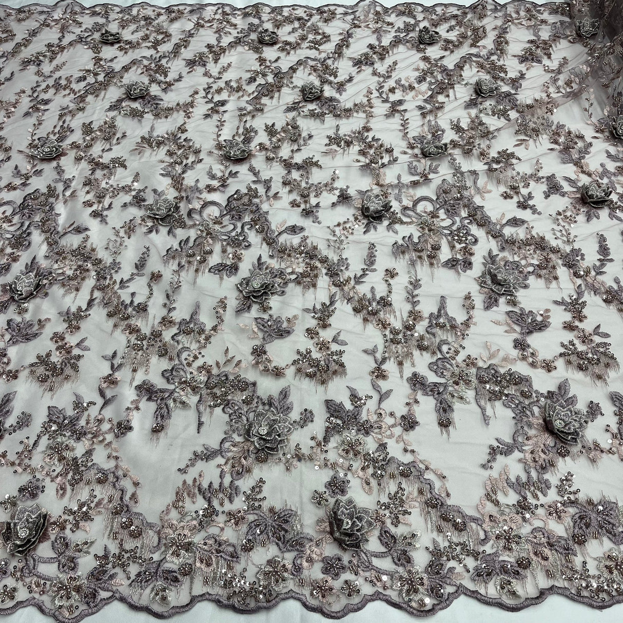 1 Yard Beaded Rhinestone 3D Floral Lace Fabric for Bridal Dresses Dance Costumes 50" Width