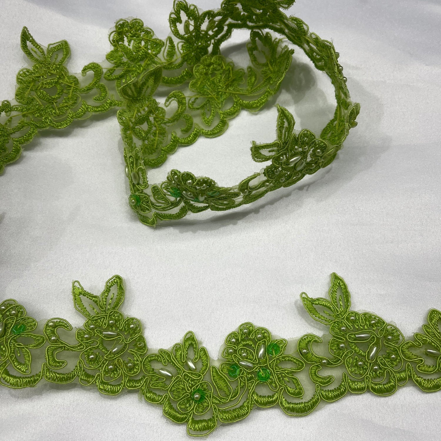 1 Yard Beaded & Corded Lace Trimming on Organza – 2" Wide | Embroidered Trim for Dresses & Costumes