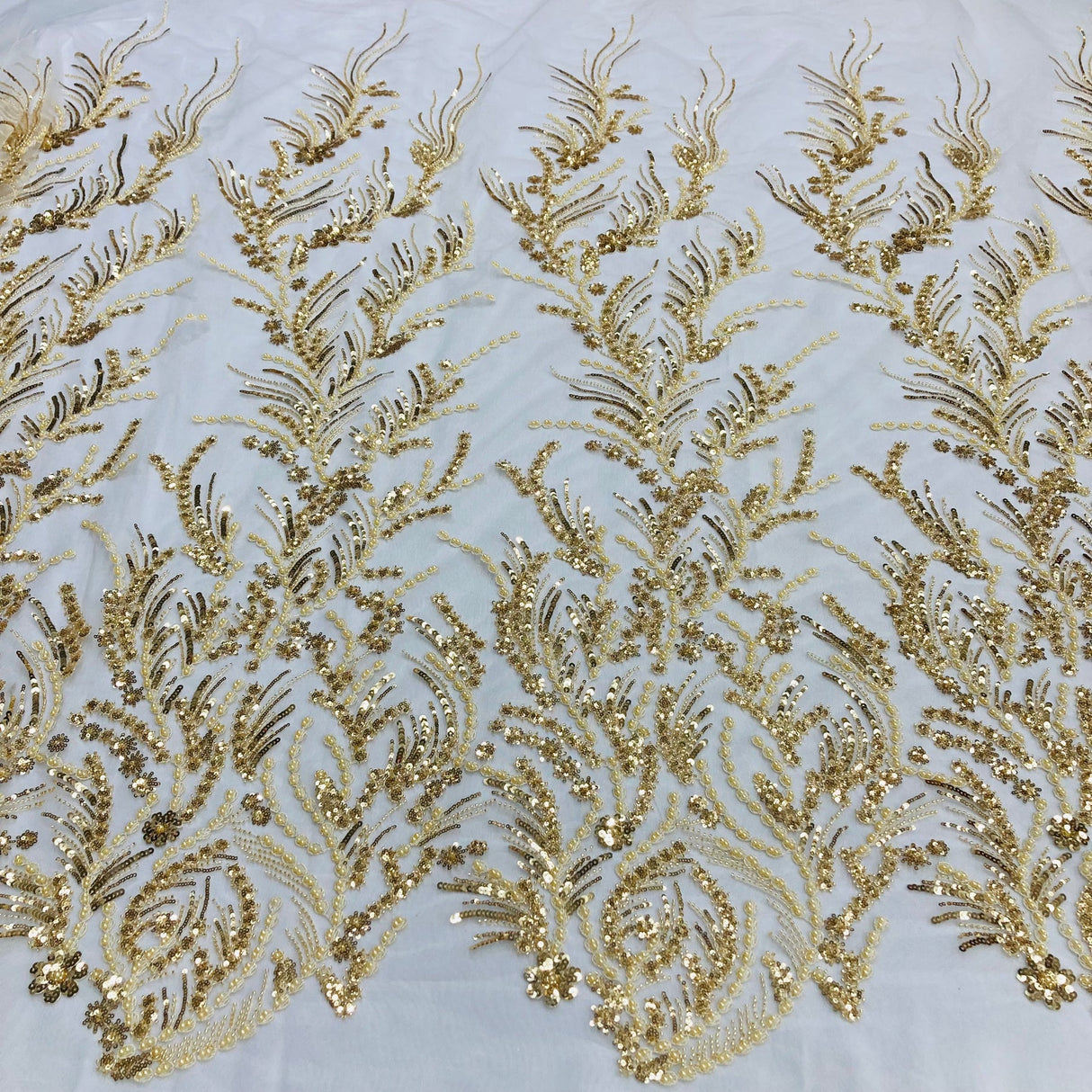 1 Yard Gold Beaded Lace Fabric Embroidered on Polyester Mesh, 51" Wide, Elegant Bridal & Formalwear Fabrication