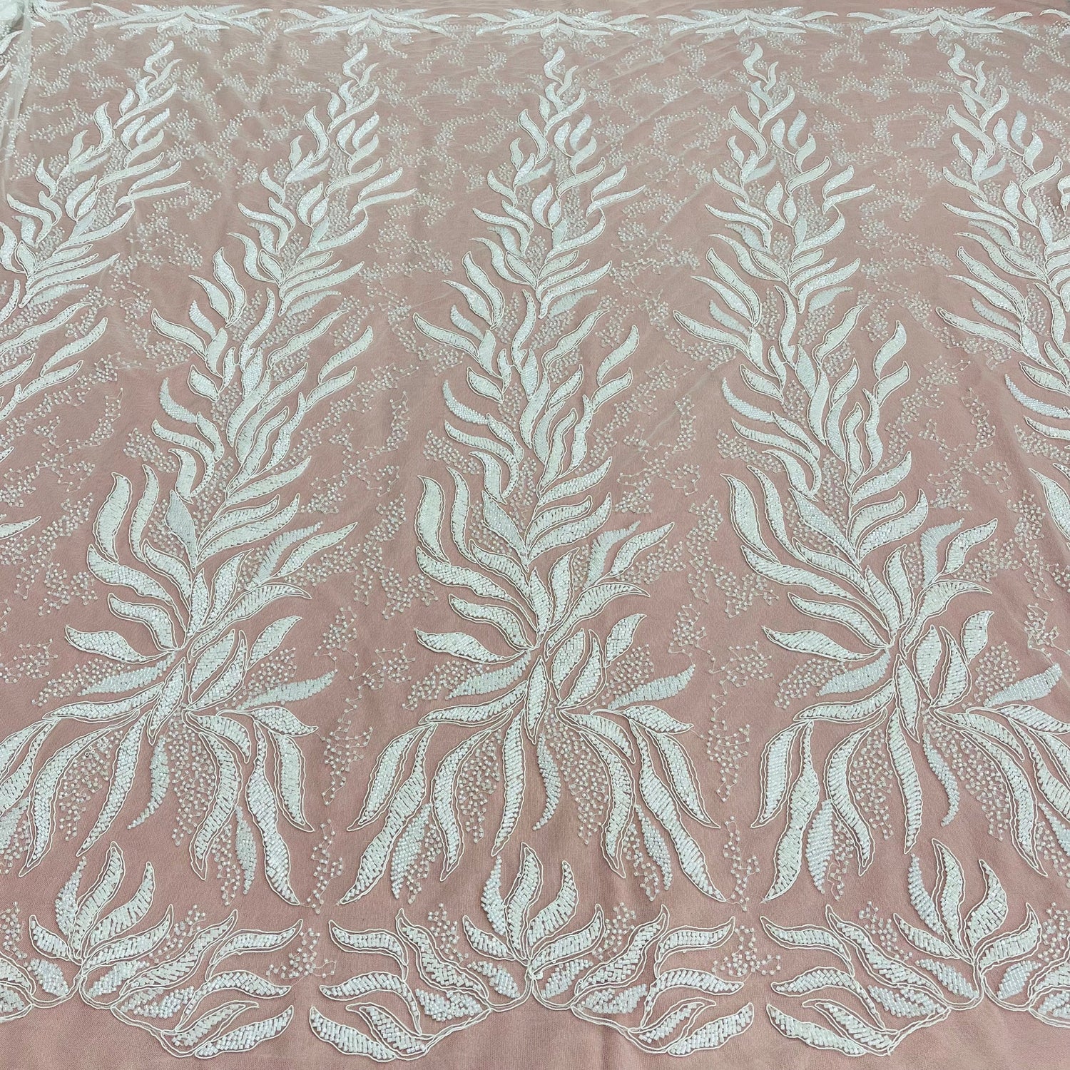 1 Yard Beaded and Corded Bridal Lace Fabric Embroidered on Polyester Net Mesh 58 inch Width