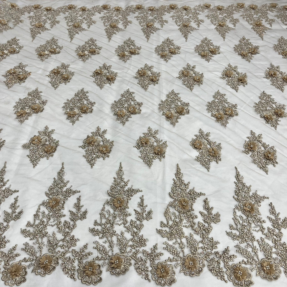 1 Yard Elegant Beaded and Corded Bridal Lace Fabric Embroidered on Polyester Net Mesh 52 inch Width