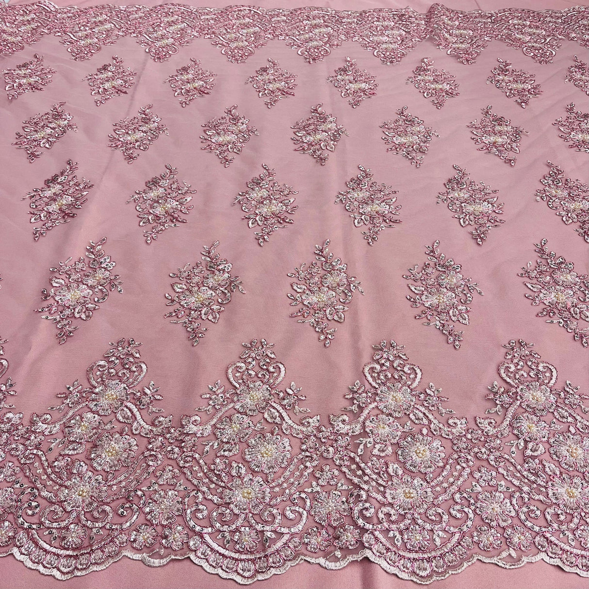 1 Yard Dusty Rose Beaded Corded Lace Fabric with Scallops Embroidered on 100% Poly Metallic 54 Inch Wide