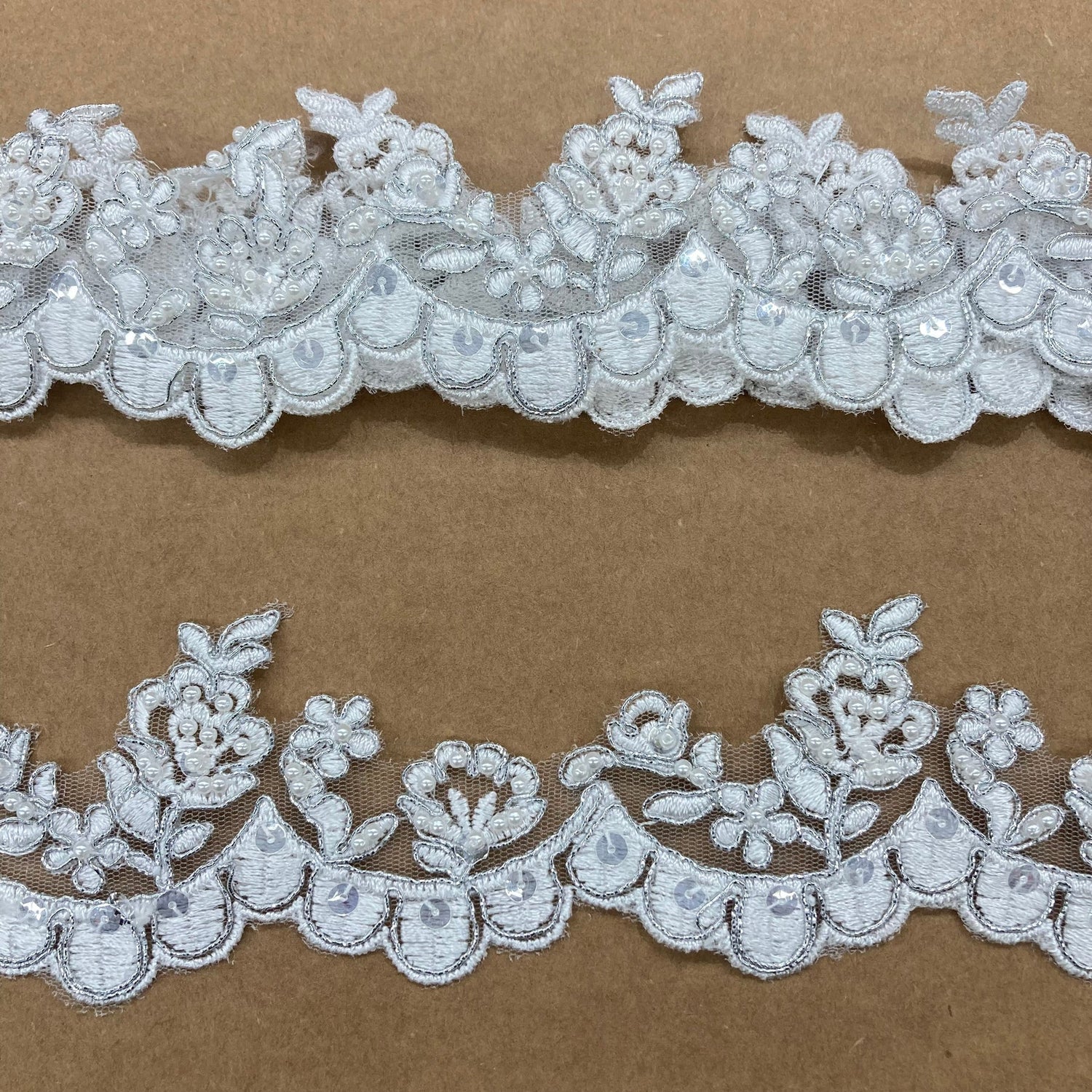 1 Yard Delicate Beaded and Corded Floral Lace Trim Embroidered on Soft Polyester Mesh for Dresses 2 Inch Width