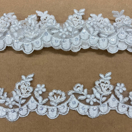 1 Yard Delicate Beaded and Corded Floral Lace Trim Embroidered on Soft Polyester Mesh for Dresses 2 Inch Width