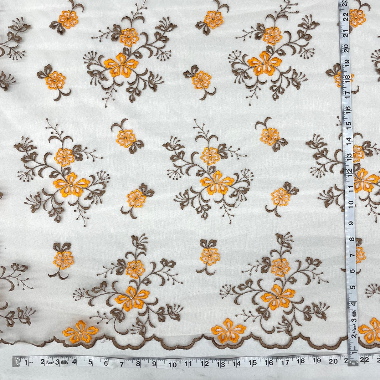 1 Yard Orange/Brown Beaded Lace Fabric Embroidered on Polyester Net Mesh 54 Inch Width