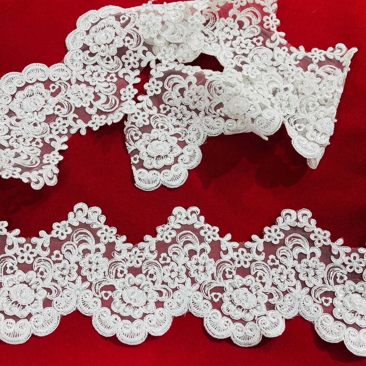 1 Yard Beaded & Corded Lace Trimming Embroidered on 100% Polyester Net Mesh 5″ Wide