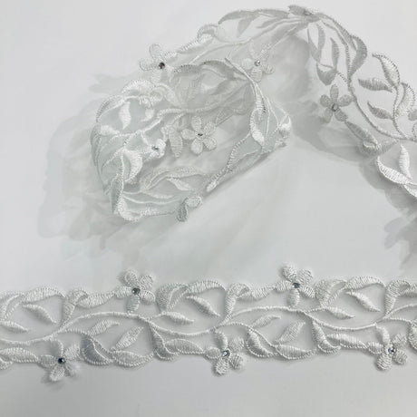 1 Yard Beaded Lace Trimming Embroidered on Organza | 2" Wide | Elegant Trim for Bridal & Formalwear