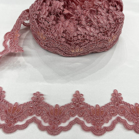 1 Yard Luxurious Beaded & Corded Lace Trimming Embroidered on 100% Polyester Net Mesh for Special Occasion Dresses 3 Inch Width