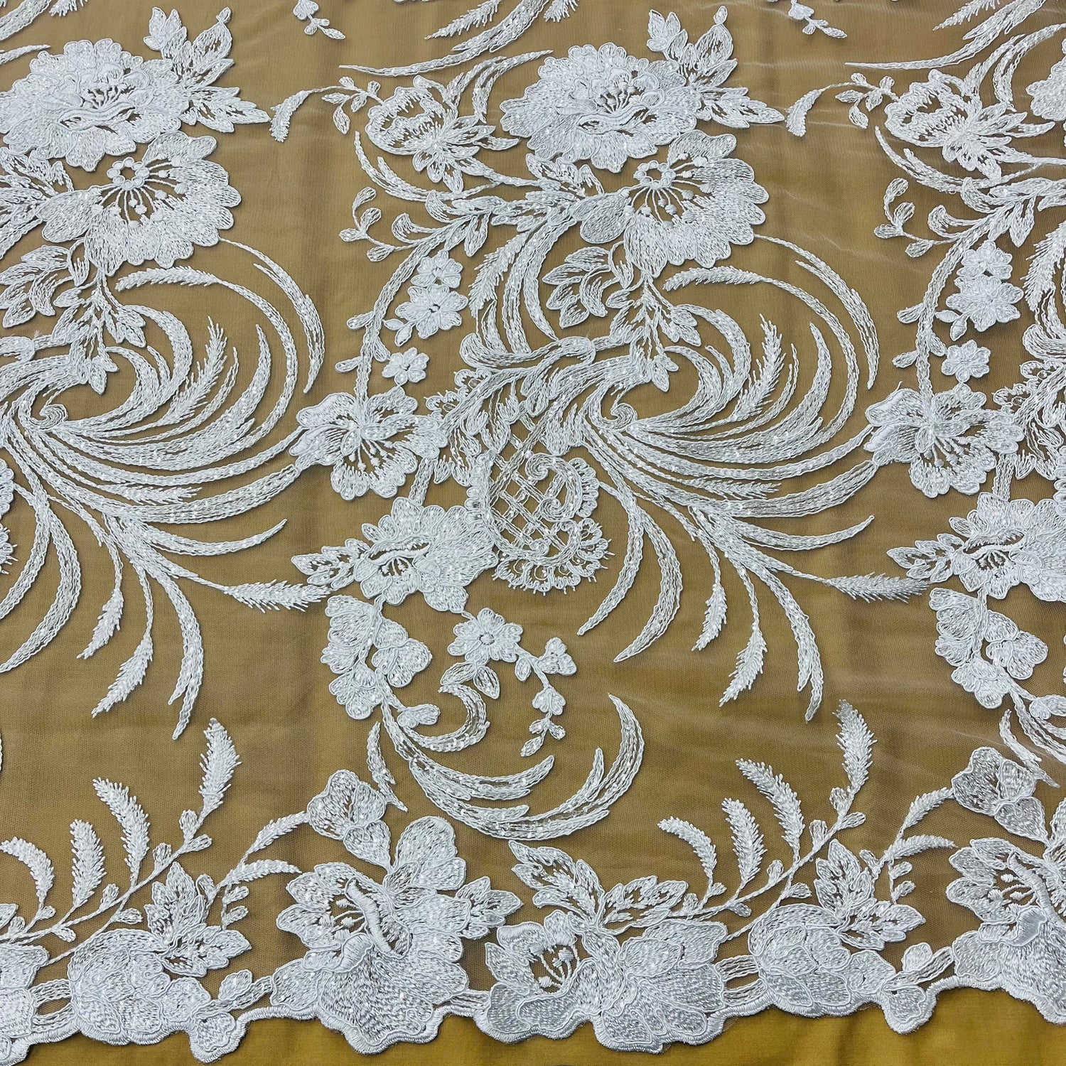 1 Yard Corded and Sequined Bridal Lace Fabric for Elegant Gowns White