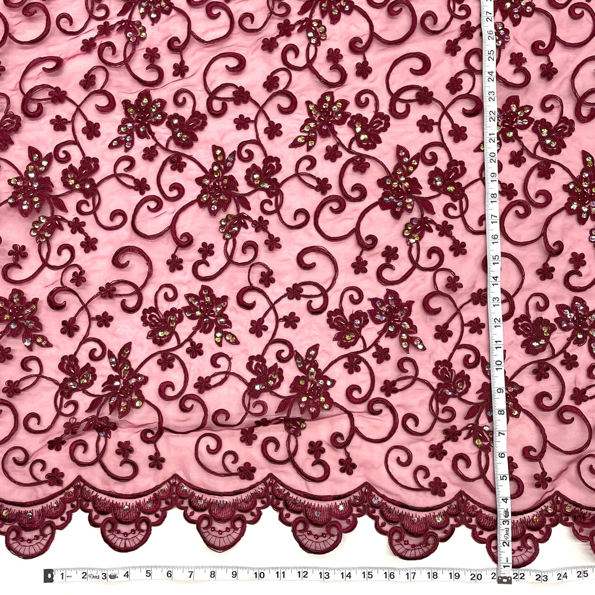 1 Yard Wine Beaded & Corded Bridal Lace Fabric Embroidered on Polyester Organza 54 Inch Width