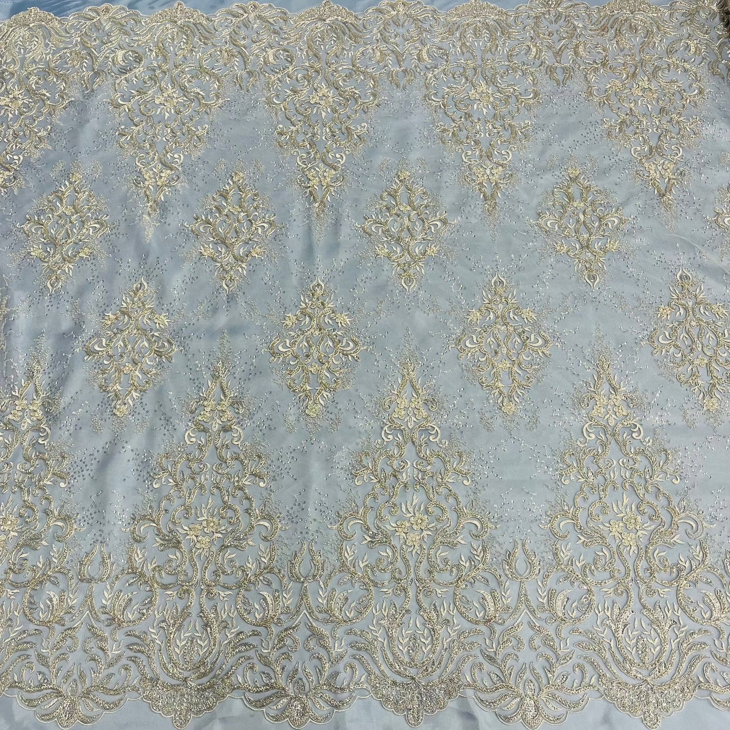 1 Yard Gold Beaded and Corded Bridal Lace Fabric Embroidered on 100 Percent Polyester Net Mesh 56 Inch Width