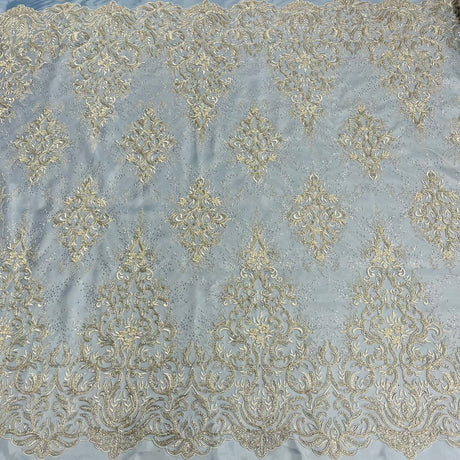 1 Yard Gold Beaded and Corded Bridal Lace Fabric Embroidered on 100 Percent Polyester Net Mesh 56 Inch Width