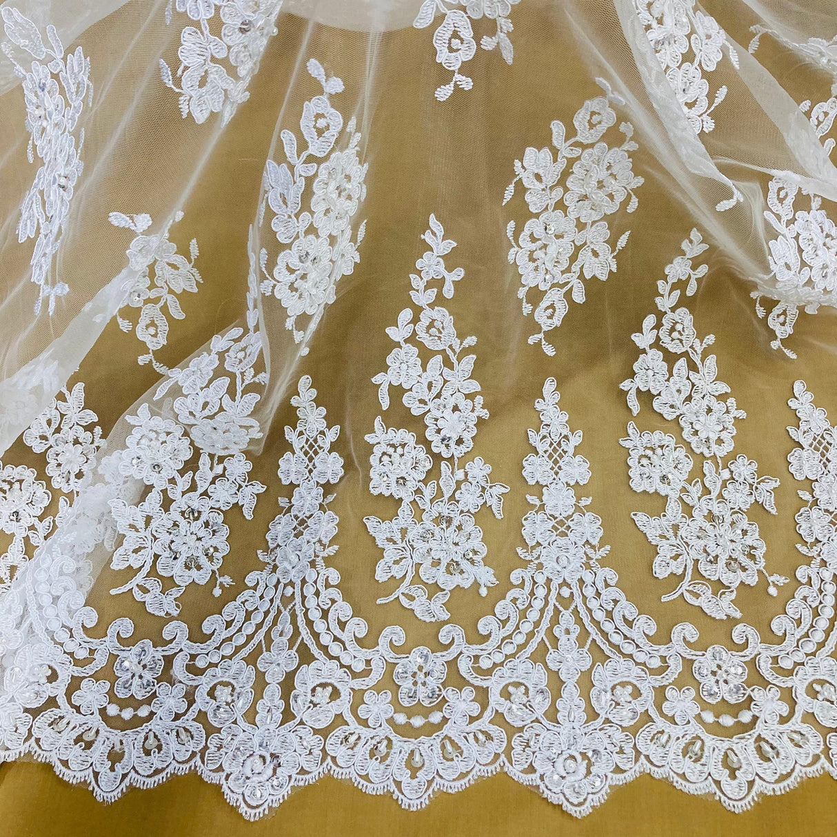 1 Yard White Beaded Corded Lace Fabric Embroidered on Polyester Net Mesh 52 inch Width