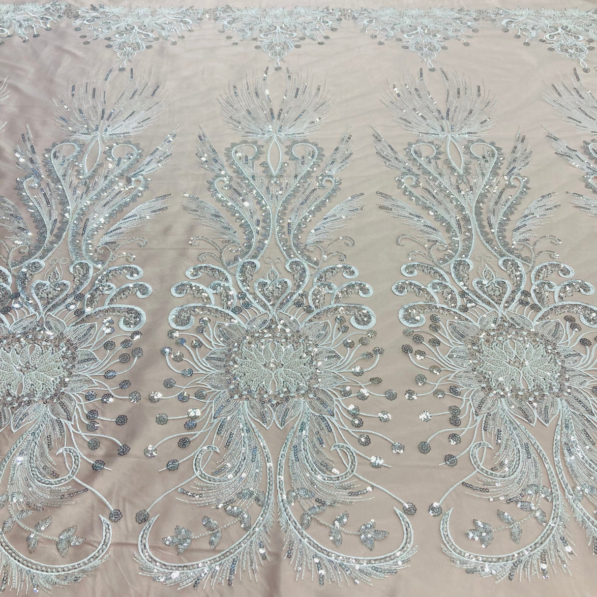 1 Yard Beaded Lace Fabric on Polyester Net Mesh, Embroidered Lace Materia, 52" Wide