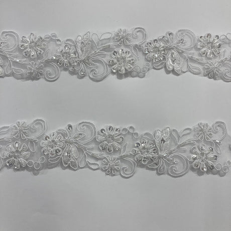 1 Yard Elegant Beaded & Corded Lace Trimming Embroidered on 100% Polyester Organza for Special Occasion Dresses 2 Inch Width