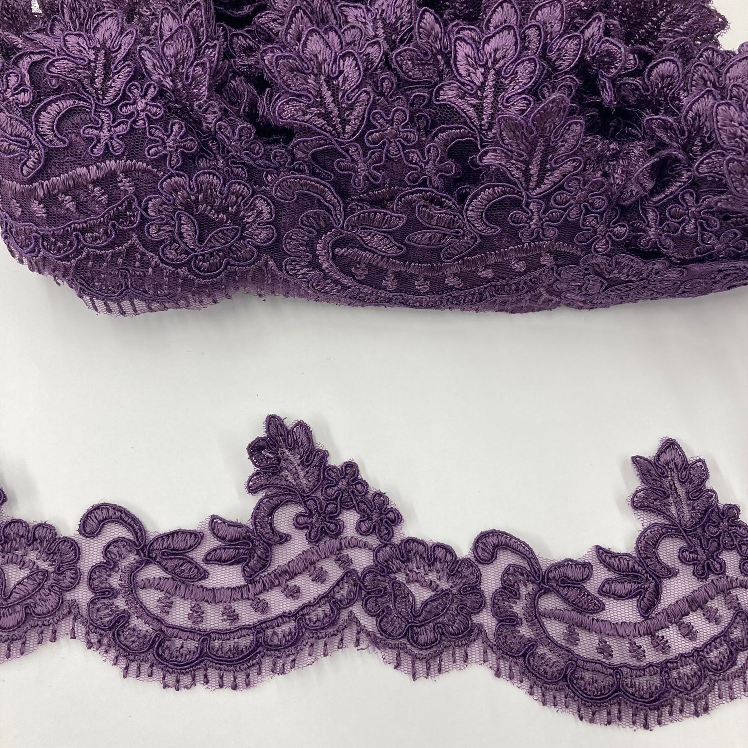 1 Yard Corded Lace Trimming on Net Mesh – 3" Wide | Handmade Embroidered Trim for Dresses & Gowns