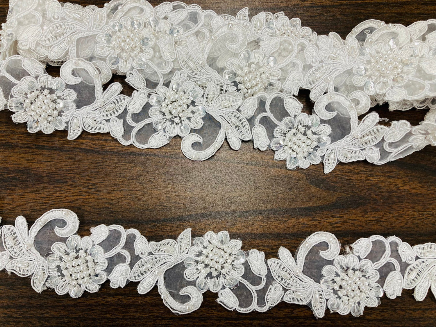 1 Yard Handmade Beaded & Corded Lace Trimming Embroidered on Polyester Organza 2 Inch Width