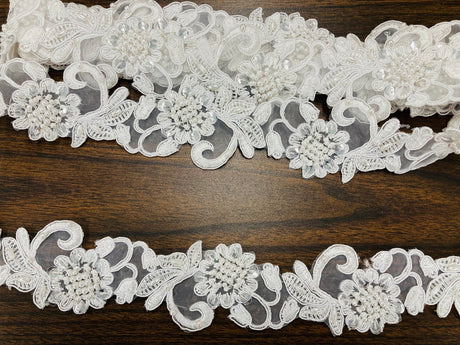 1 Yard Handmade Beaded & Corded Lace Trimming Embroidered on Polyester Organza 2 Inch Width