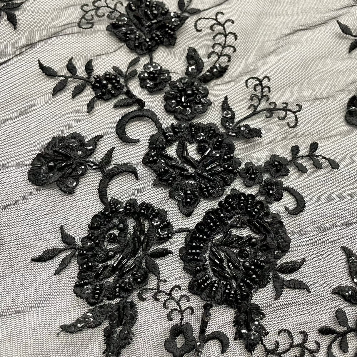 1 Yard Glamorous Black Beaded Sequined Lace Fabric on Polyester Net Mesh 52 inch Width