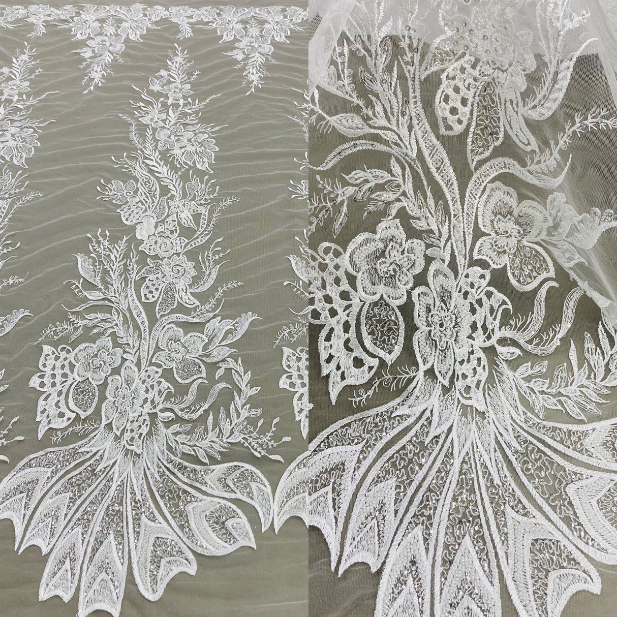 1 Yard Luxury Beaded Sequined Lace Fabric Embroidered on Premium Polyester Mesh 50