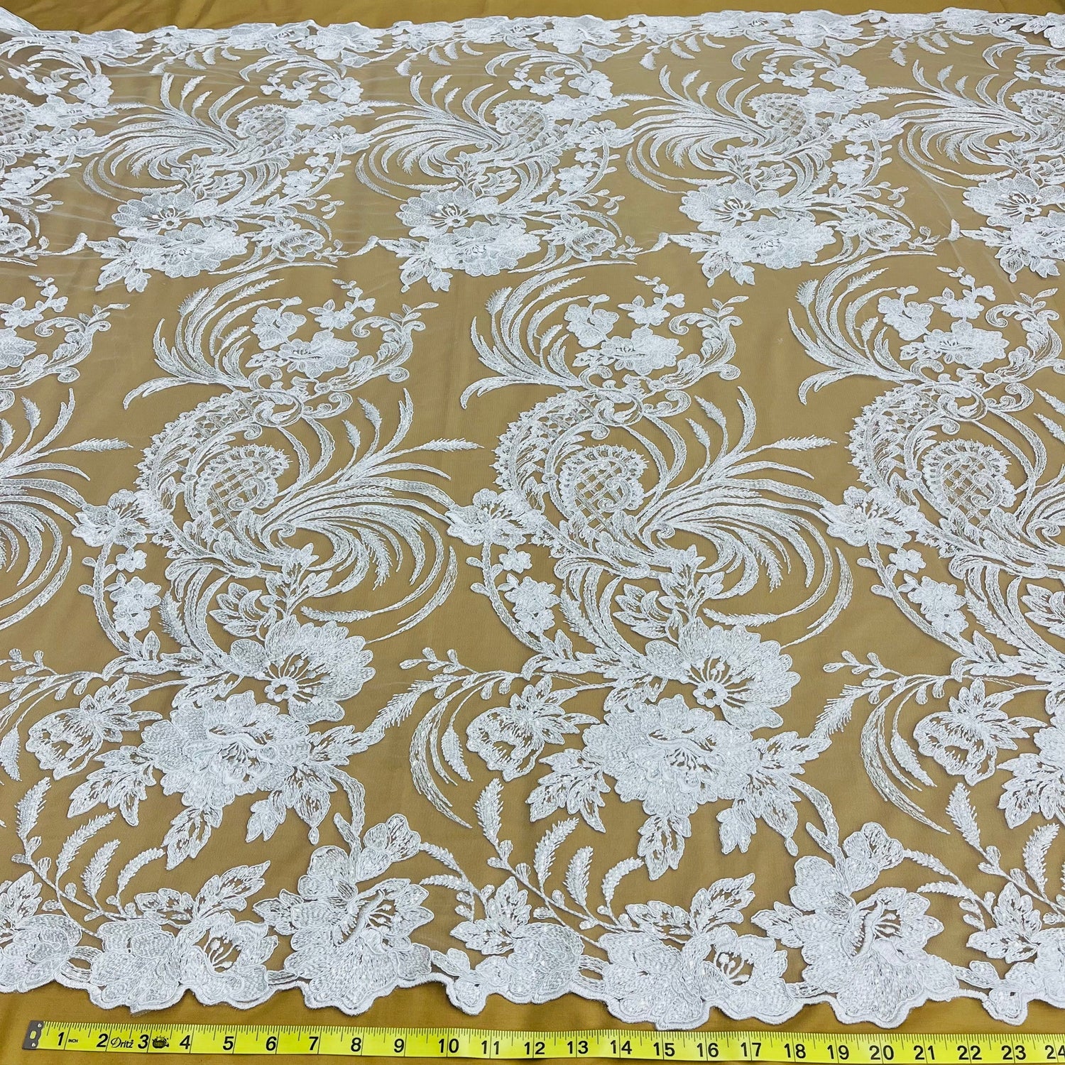 1 Yard Corded and Sequined Bridal Lace Fabric for Elegant Gowns White