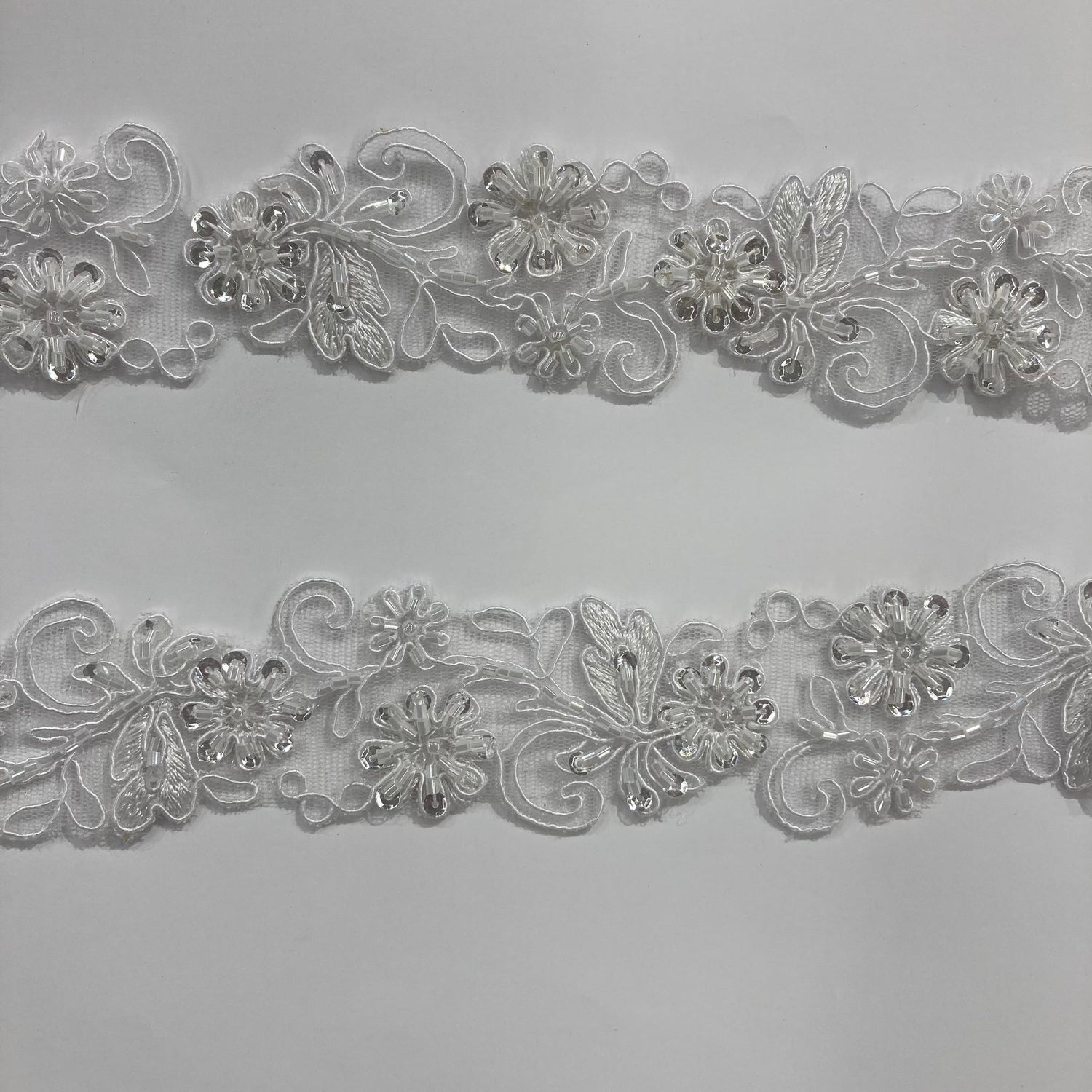 1 Yard Beaded Corded Embroidered Lace Trim 2" Wide 100% Polyester Net Mesh for Bridal & Evening Wear
