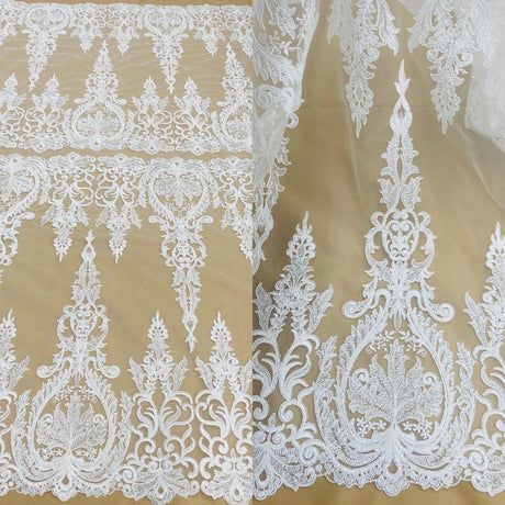1 Yard Luxurious Corded Bridal Lace Fabric Embroidered on Premium Polyester Mesh 52