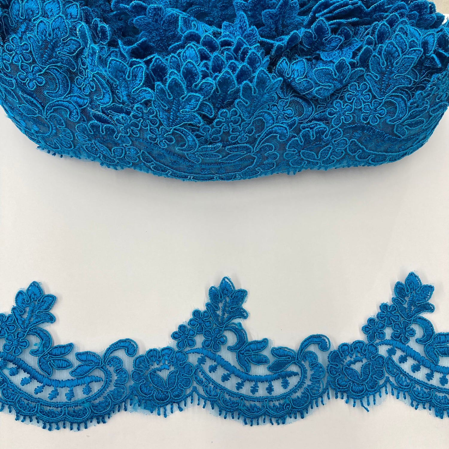 1 Yard Corded Lace Trimming on Net Mesh – 3" Wide | Handmade Embroidered Trim for Dresses & Gowns