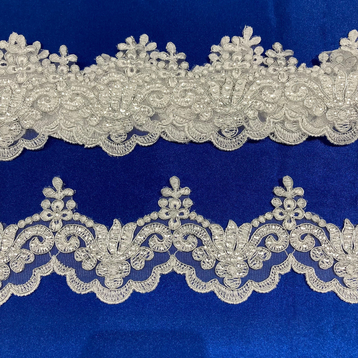 1 Yard Beaded & Corded Lace Trimming on Net Mesh – 3" Wide with Silver | Embroidered Couture Lace for Dresses