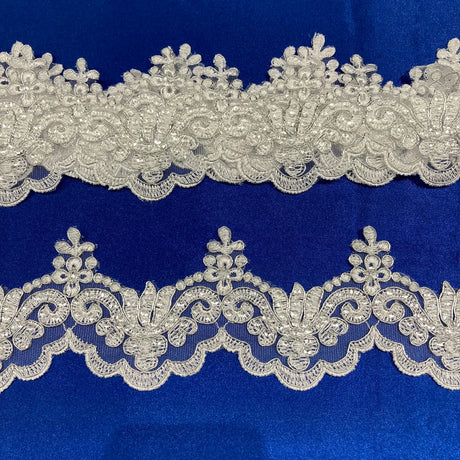 1 Yard Beaded & Corded Lace Trimming on Net Mesh – 3" Wide with Silver | Embroidered Couture Lace for Dresses