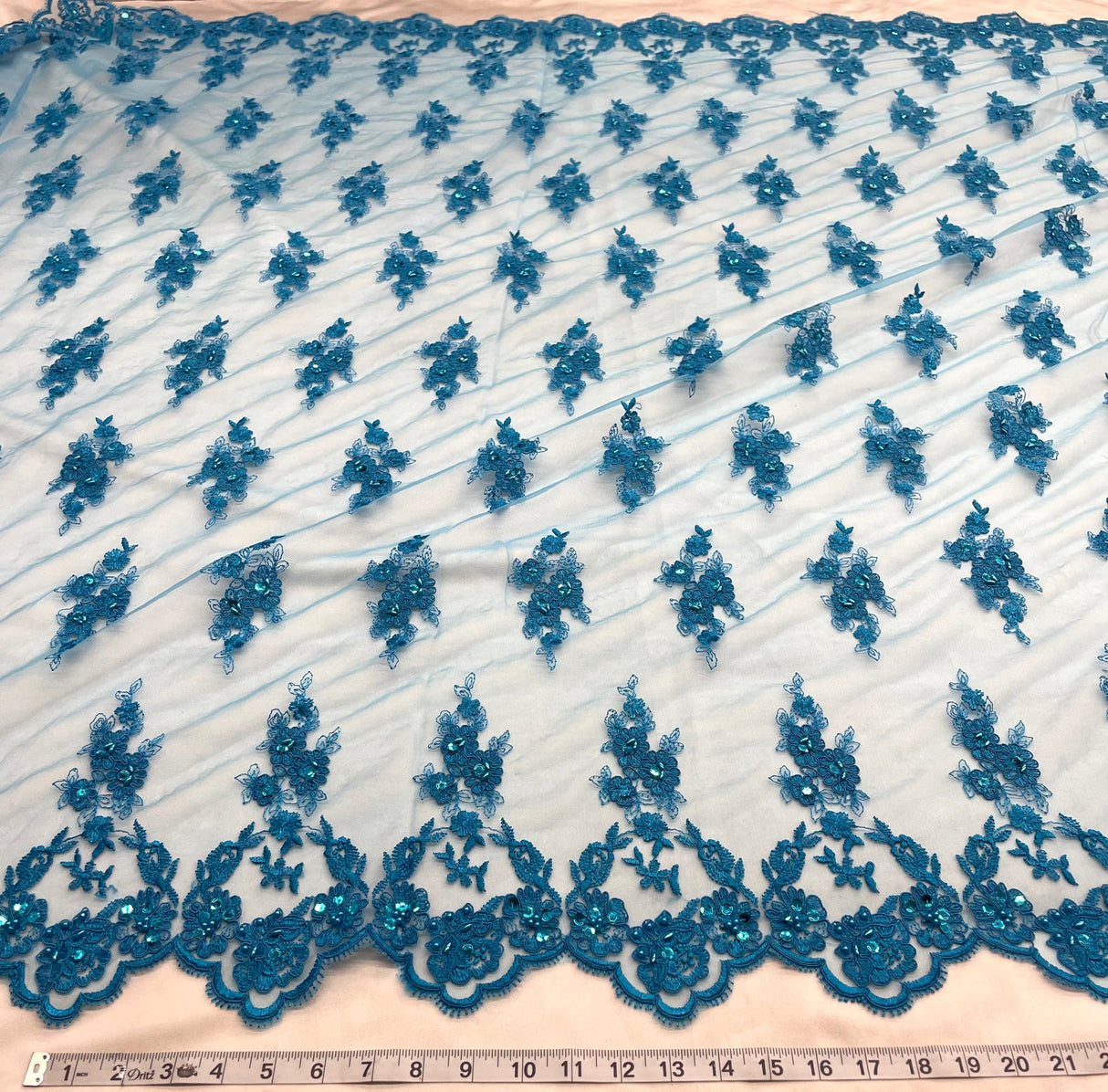 1 Yard Beaded Corded Lace Fabric Embroidered Elegant Mesh Bridal Gown 53" Width