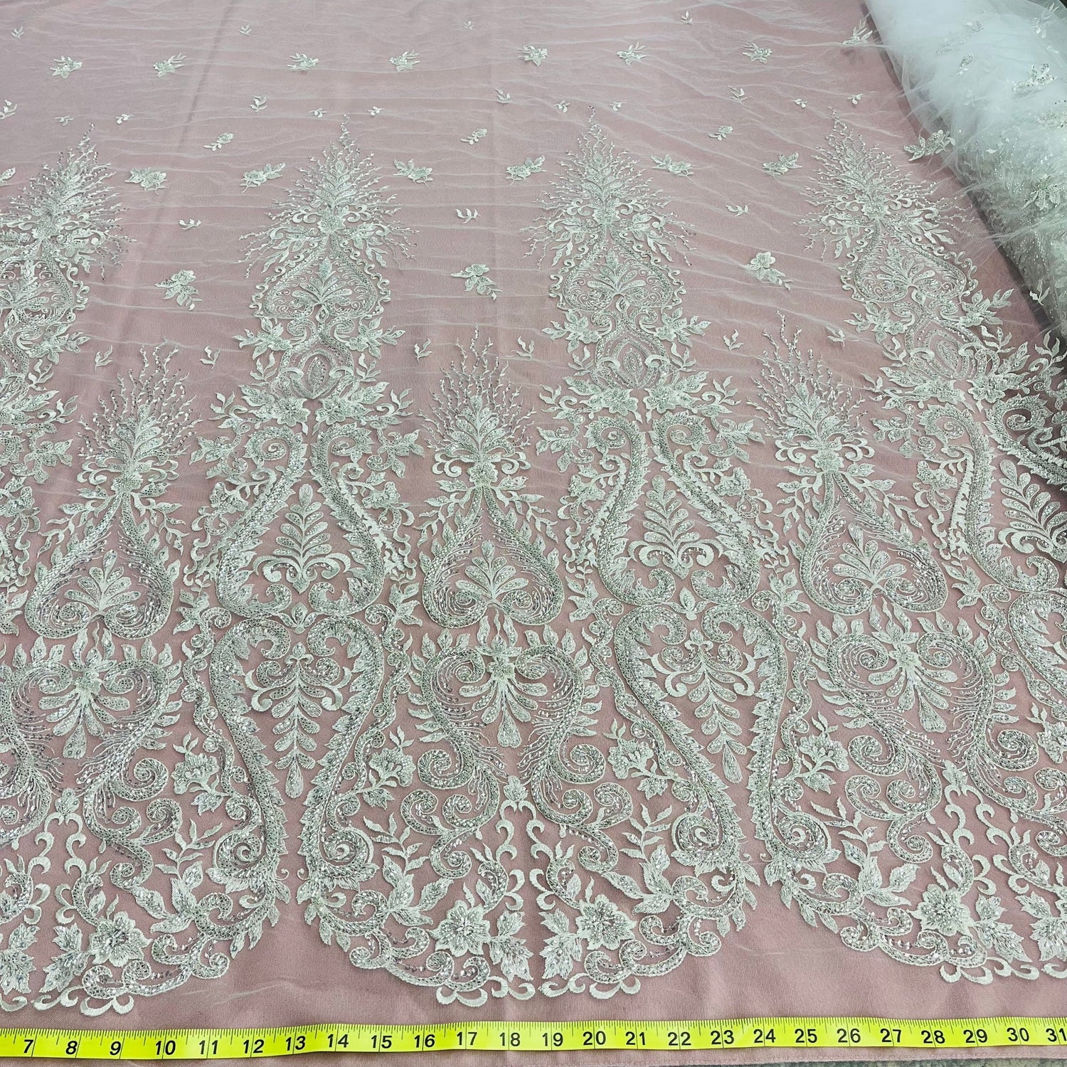 1 Yard Antique Silver Beaded Lace Fabric Embroidered on Polyester Net Mesh Elegant 54 Inch Width