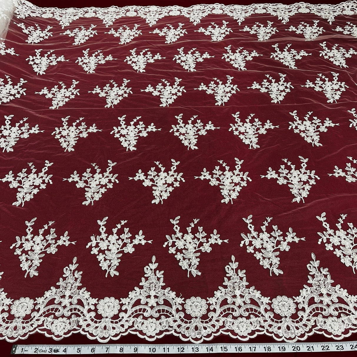 1 Yard Gold Beaded Corded Bridal Lace Fabric Embroidered on Polyester Net Mesh 56 inch Width