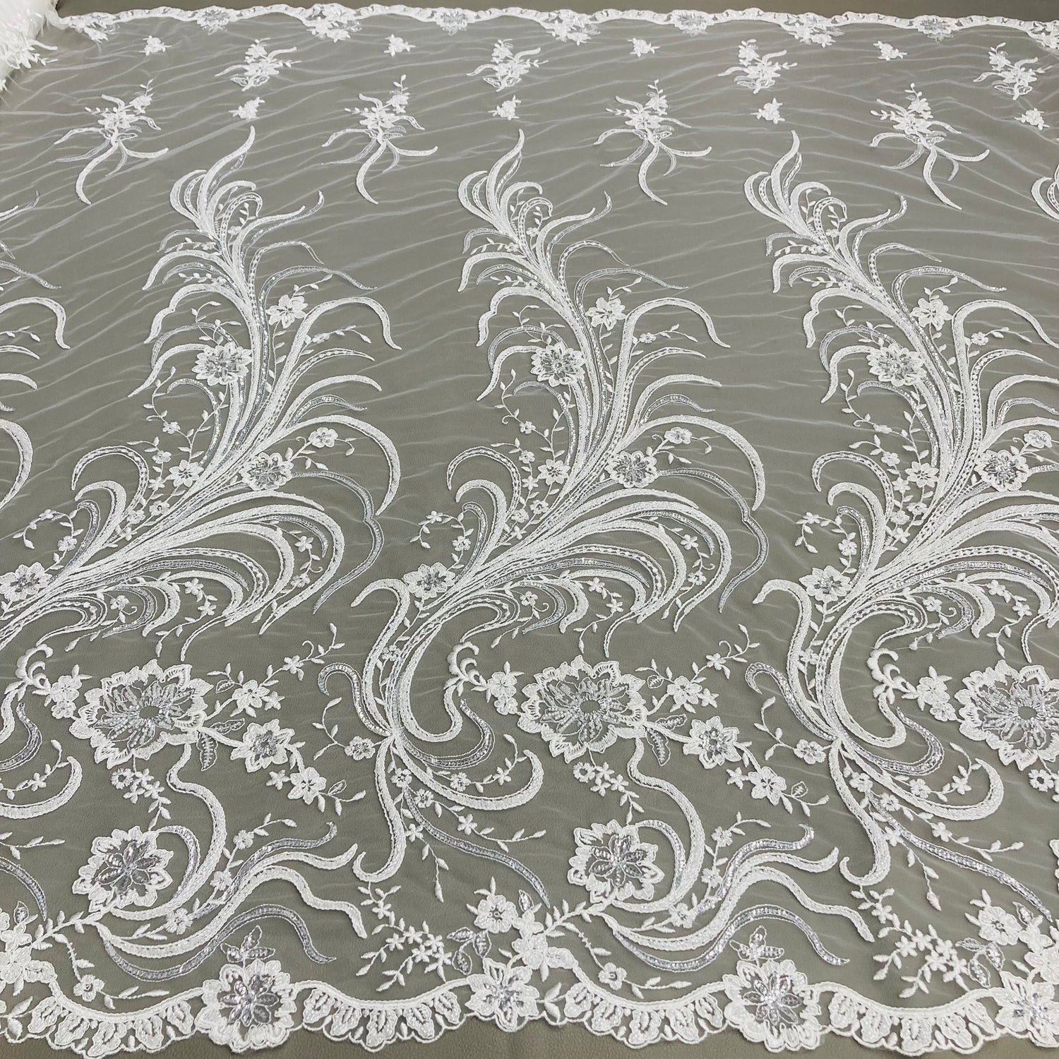 1 Yard Elegant Beaded Corded Bridal Lace Fabric Embroidered on Premium Mesh 52
