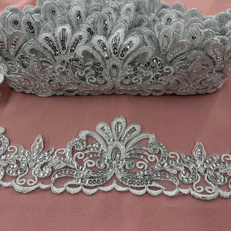 1 Yard Premium Beaded & Corded Floral Lace Trimming on 100% Polyester Net Mesh for Dresses 3.5 Inch Width