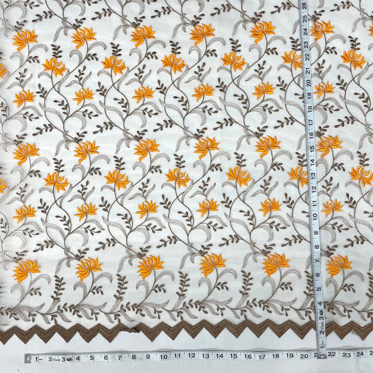 1 Yard Brown Orange Embroidered Lace Fabric on Polyester Net Mesh 54 Inch Width