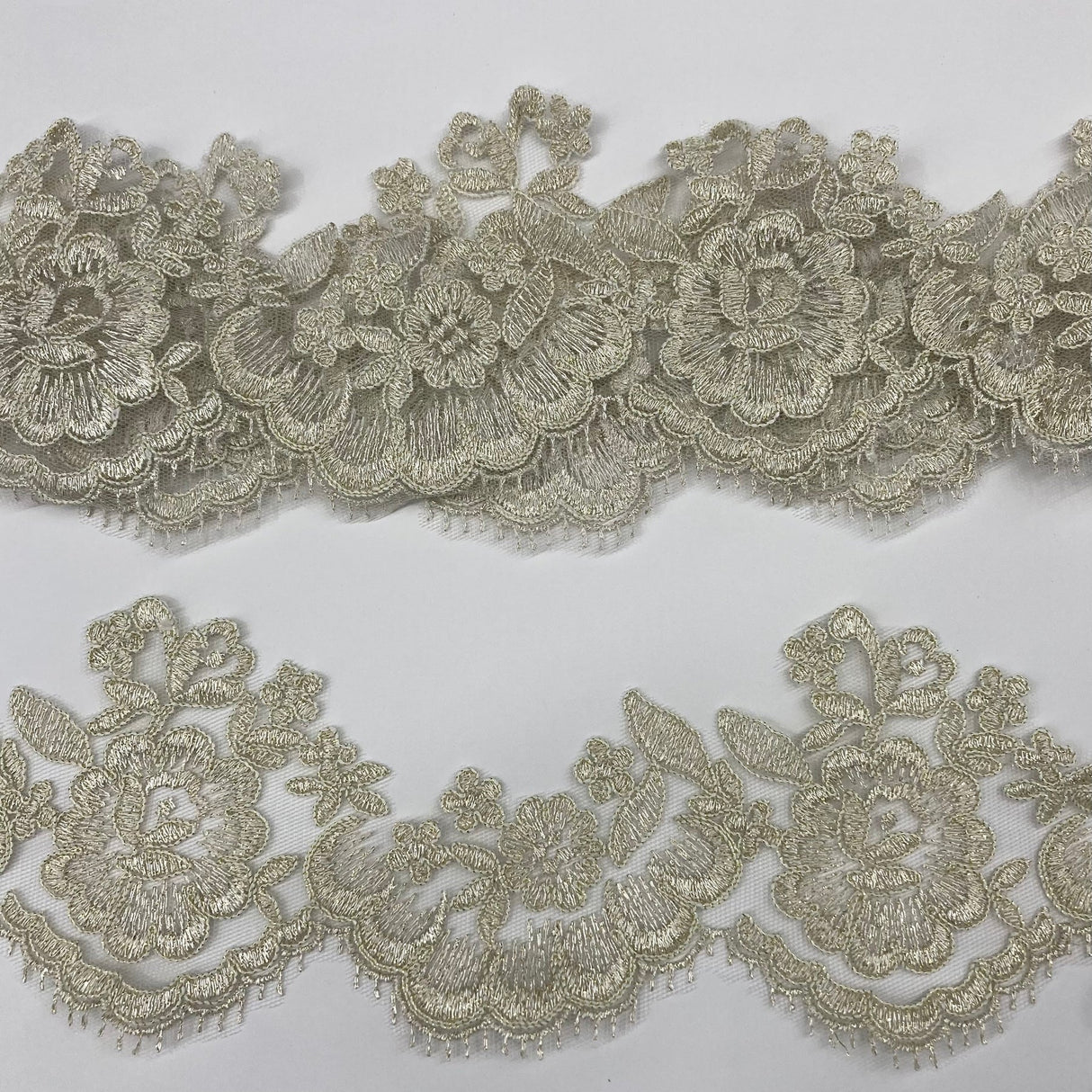 1 Yard Corded Lace Trimming on Net Mesh | 3.5" Wide | Handmade Embroidered Trim for Dresses & Costumes