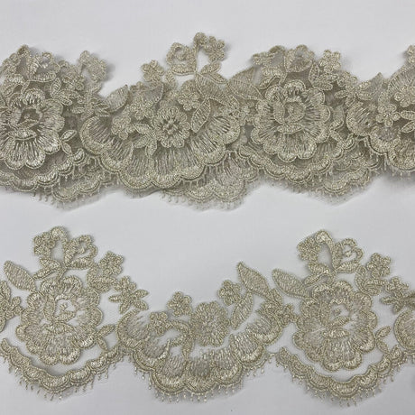 1 Yard Corded Lace Trimming on Net Mesh | 3.5" Wide | Handmade Embroidered Trim for Dresses & Costumes
