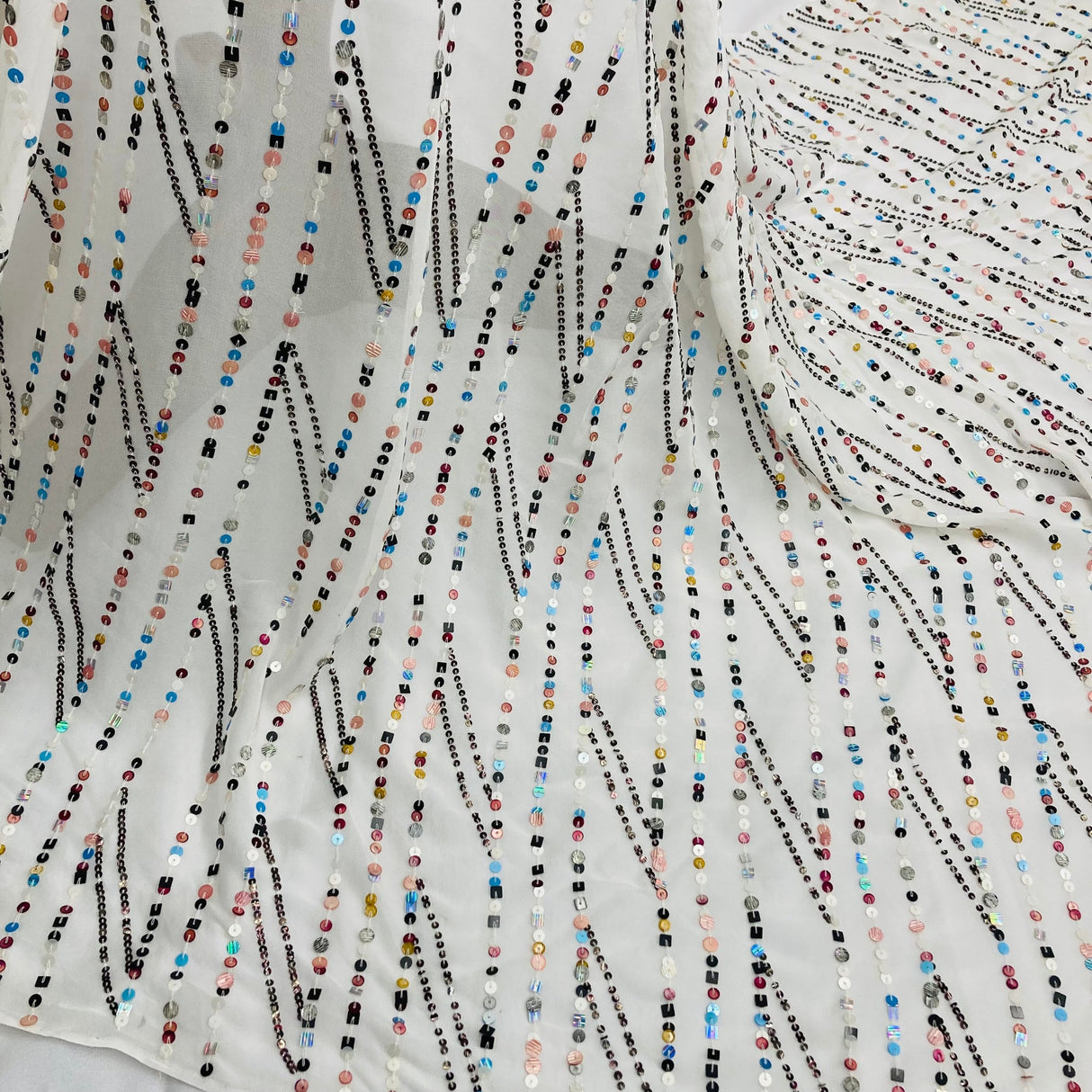 1 Yard White Hand Sequined Chiffon Fabric Soft Lightweight Percent Polyester 48 Inch Width