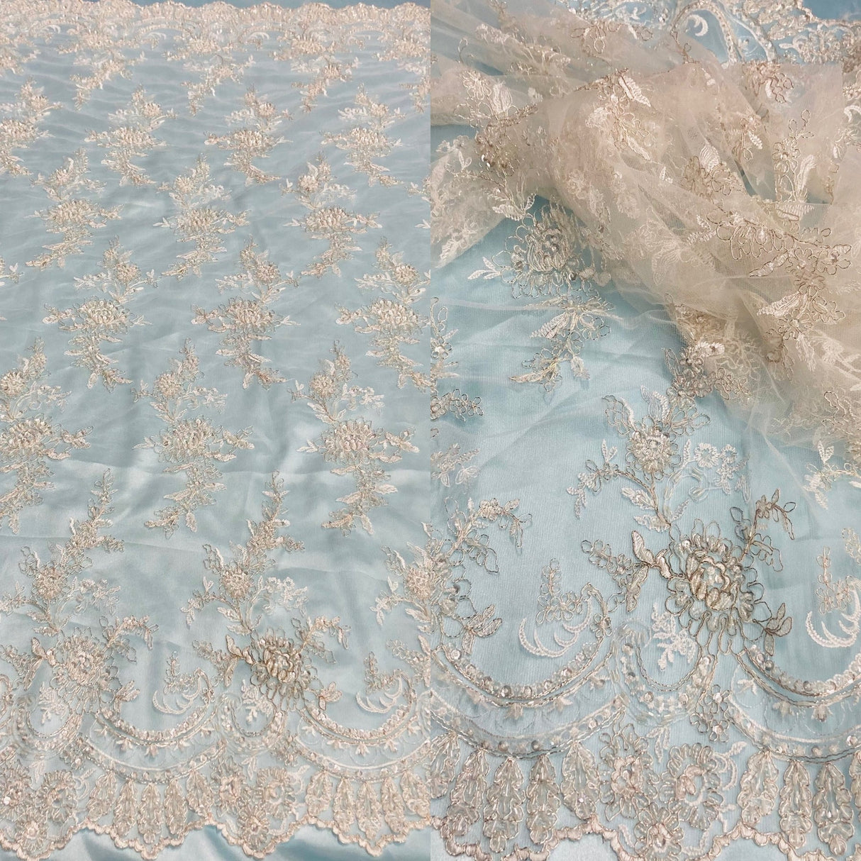 1 Yard Ivory Beaded Corded Bridal Lace Fabric Embroidered on Polyester Net Mesh 51 inch Width