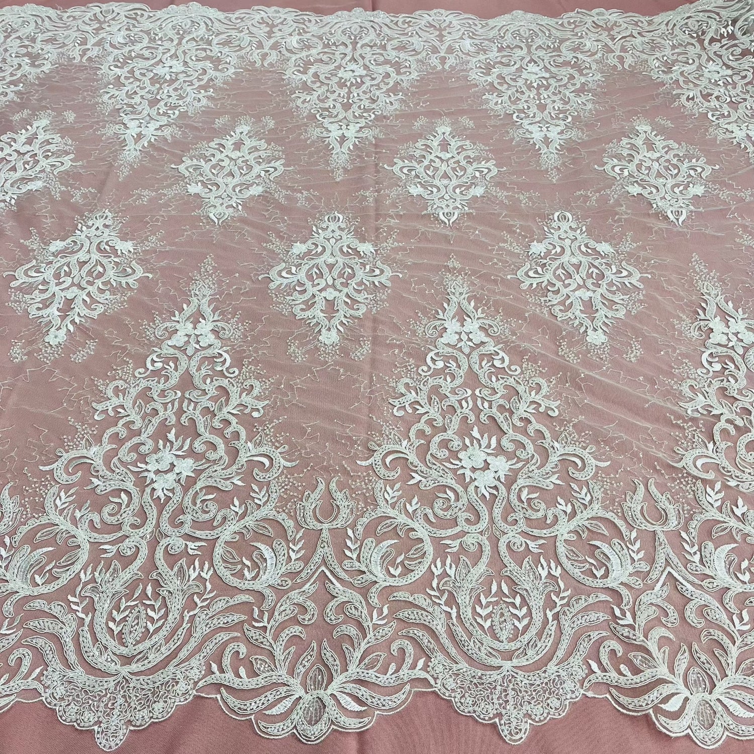1 Yard Gold Beaded and Corded Bridal Lace Fabric Embroidered on 100 Percent Polyester Net Mesh 56 Inch Width
