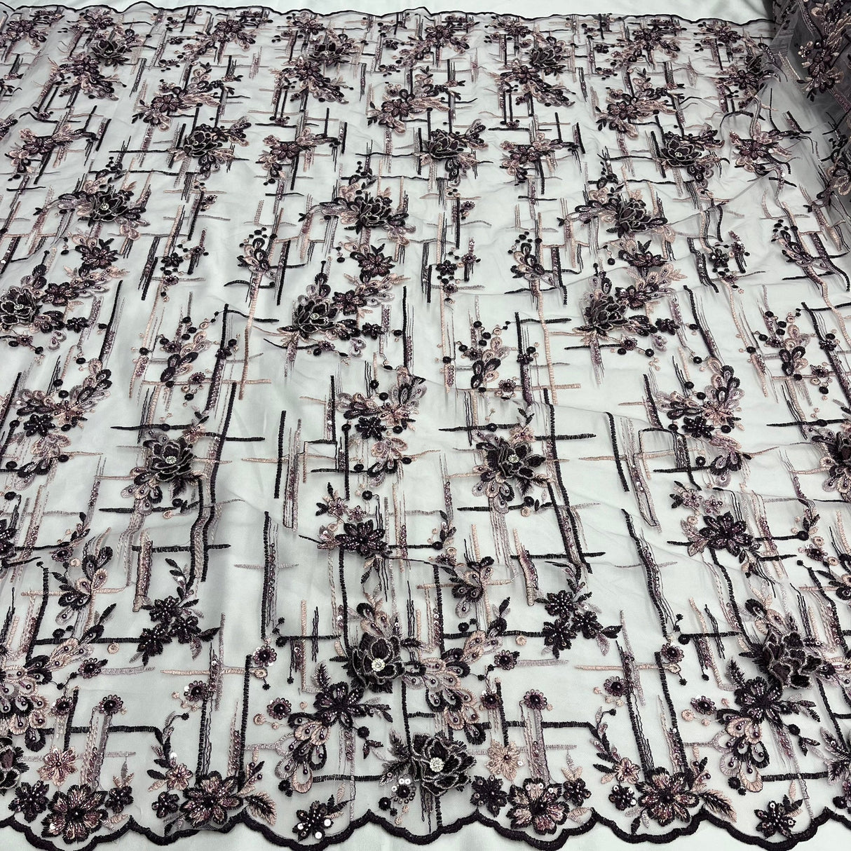 1 Yard Beaded Rhinestone 3D Floral Lace Fabric for Wedding Gowns and Dance Costumes 50" Width