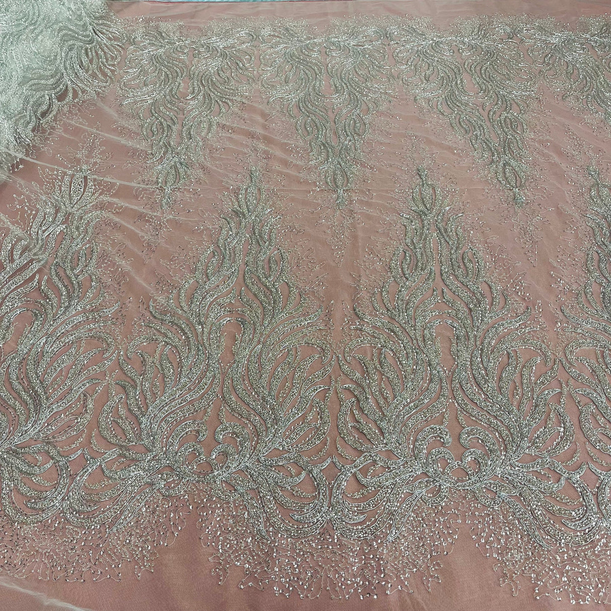 1 Yard Beaded, Corded & Sequined Bridal Lace Fabric Embroidered on 100% Polyester Net Mesh
