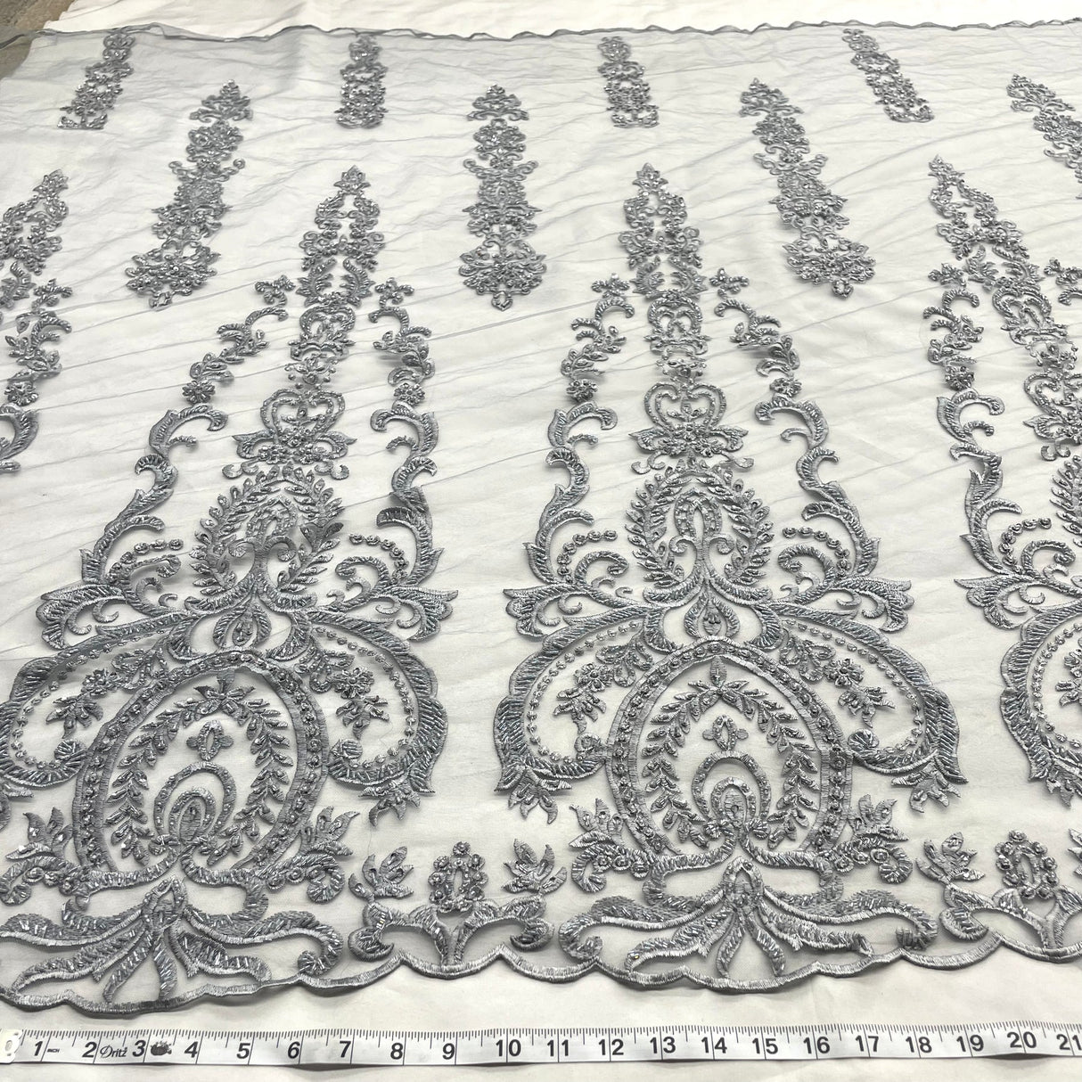 1 Yard Luxurious Beaded and Corded Bridal Lace Fabric Embroidered on Polyester Net Mesh Blush 52" Width