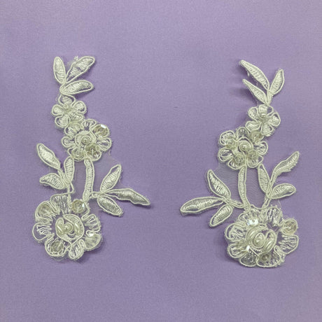 1 Pair Beaded & Corded Floral Lace Applique 4" x 2" Each Side