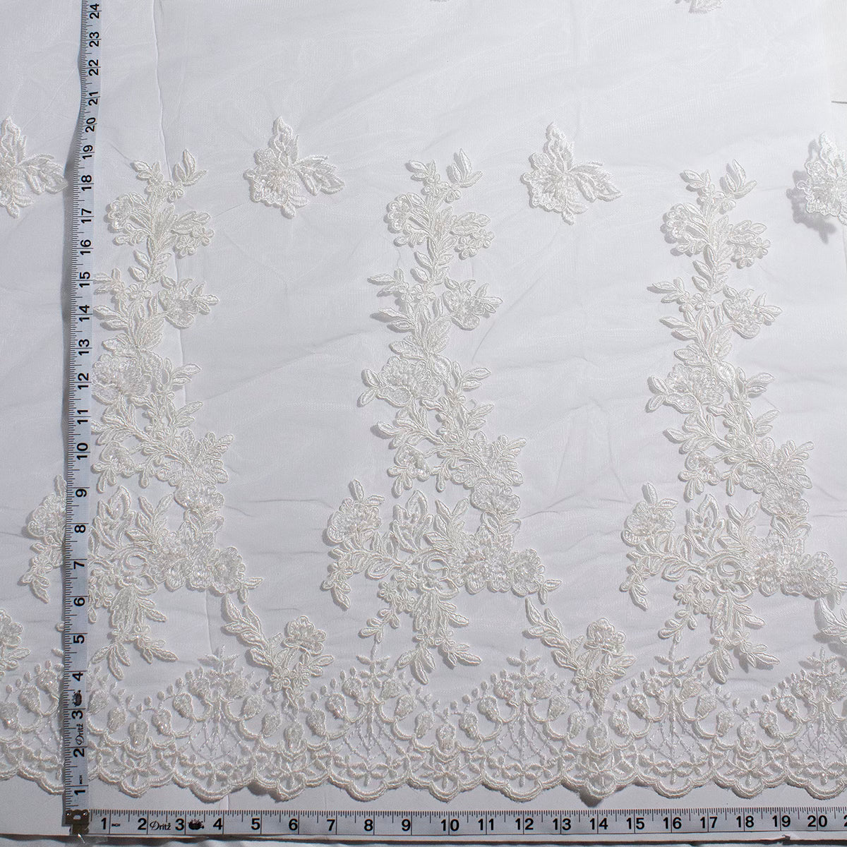 1 Yard Elegant Beaded and Corded Bridal Lace Fabric Embroidered on Polyester Net Mesh 52 inch Width
