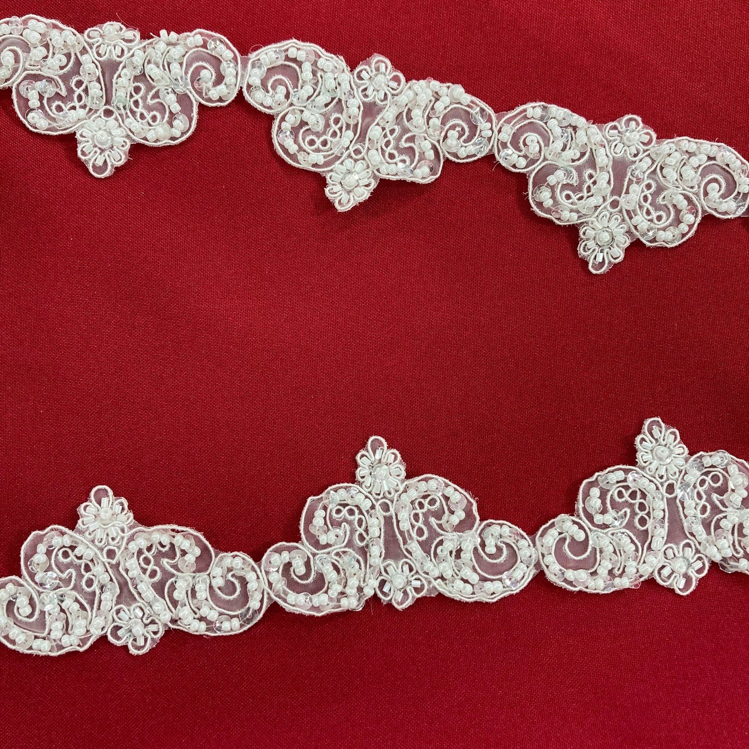 1 Yard Beaded Corded Lace Trim 2" Wide Embroidered Organza for Dresses & Gowns
